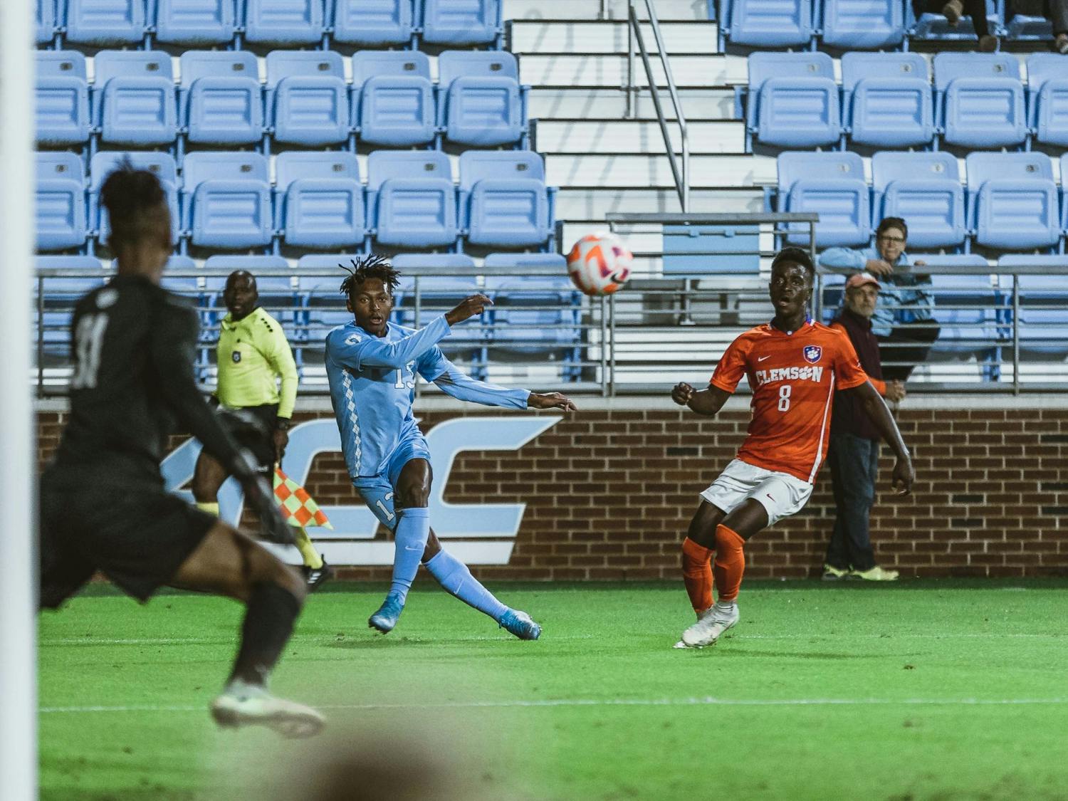 UNC freshman Key White (13) attempts to score in first half of the men's soccer match against Clemson on Monday, Oct. 3, 2022, at Dorrance Field. UNC and Clemson are tied at half.