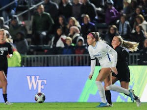 Junior forward Alessia Russo (19) charges in the ACC women's soccer semifinal match on Friday, Nov. 8, 2019 against NC State at WakeMed Soccer Park. UNC beat NC State 3-0.&nbsp;
