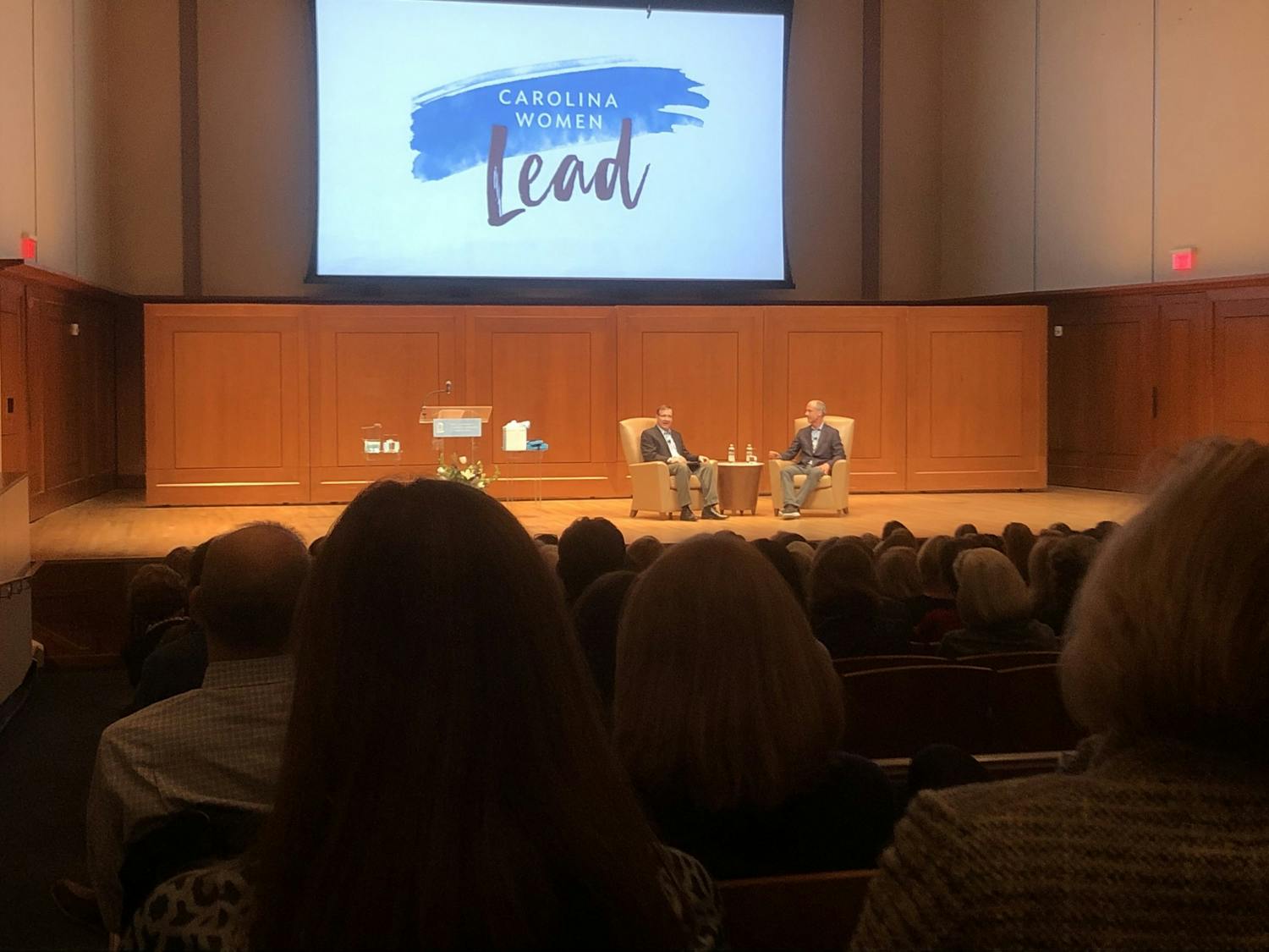 (From left) John Wilson and Tim Sullivan converse about their time as UNC Undergraduates during Thursday’s Eve Carson Lecture on Thurs, Feb. 27, 2020. 
