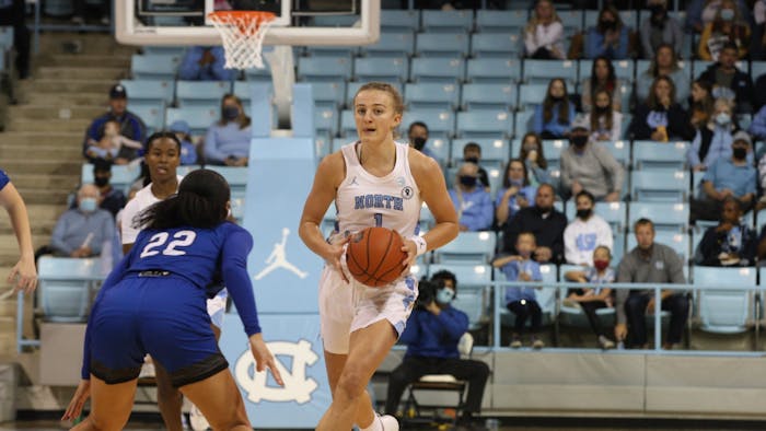 UNC sophomore guard Alyssa Ustby (1) prepares to pass the ball during a home game at Carmichael Arena on Dec. 12, 2021 against UNC Asheville.