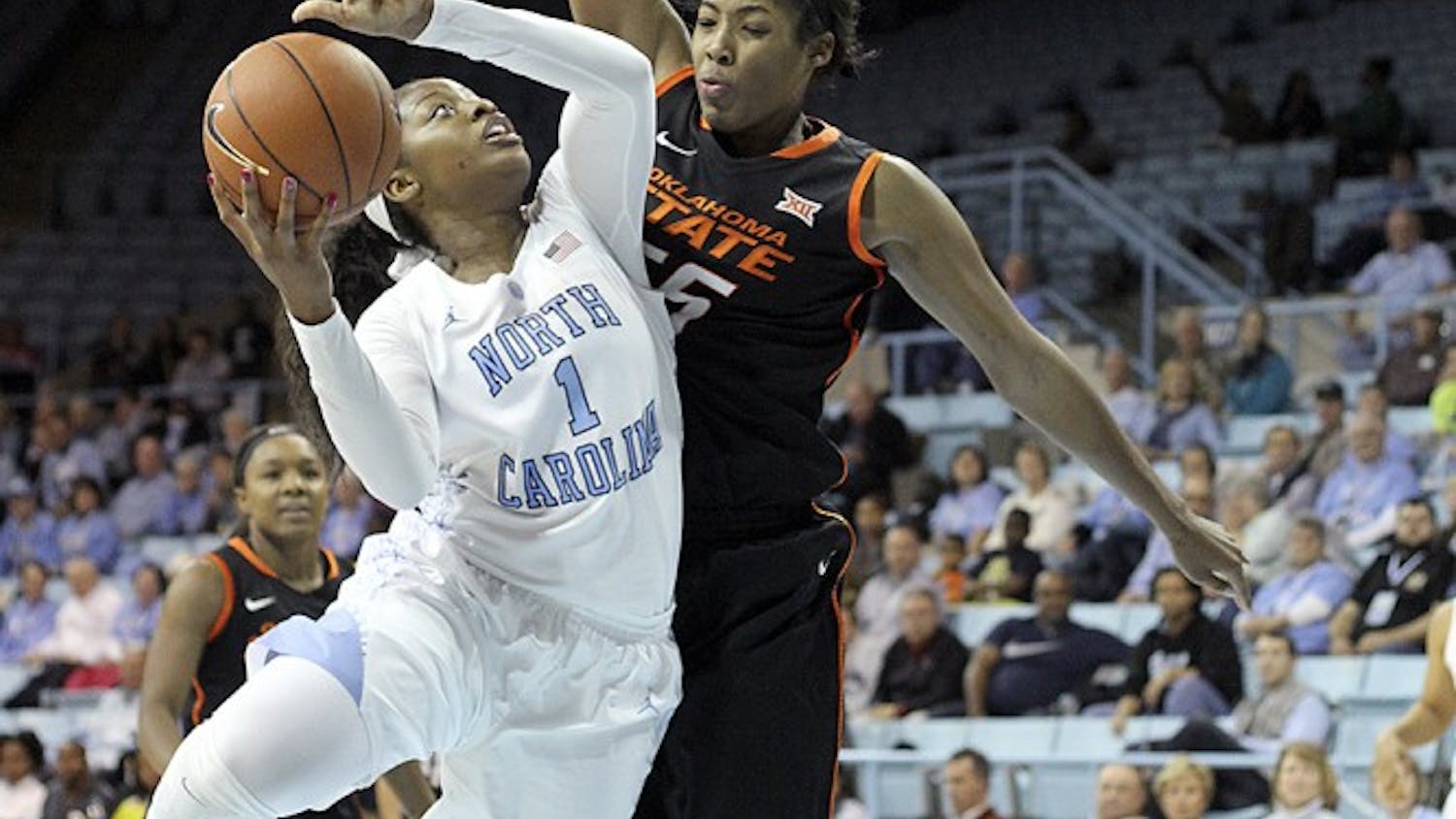 UNC's forward Stephanie Mavunga (1) shoots in the second half.  Mavunga scored 18 points in their 79-77 win against Oklahoma State on Wednesday afternoon.