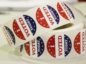 	&#8220;I voted today&#8221; stickers are displayed at the polling center at the Center for Dramatic Art in Chapel Hill.