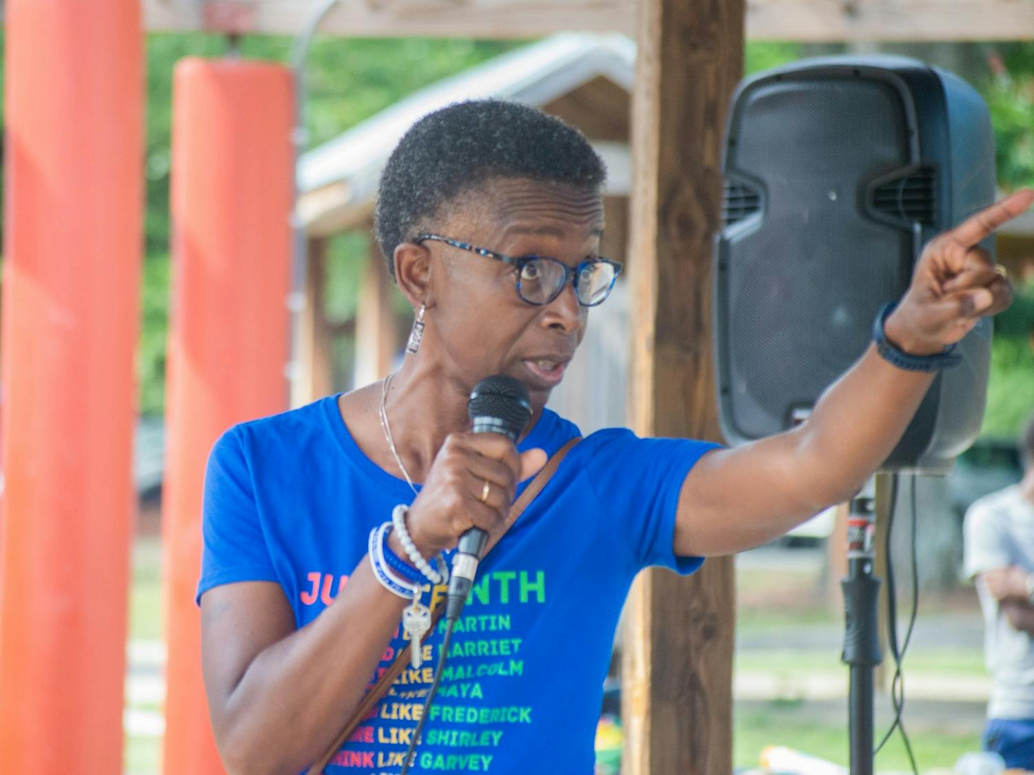 Carrboro Town Council Member, Barbara Foushee, speaks at the  NAACP Youth Council Juneteenth Celebration and states "our future is bright with our young kings and queens and they need to continue to have a seat at the table."