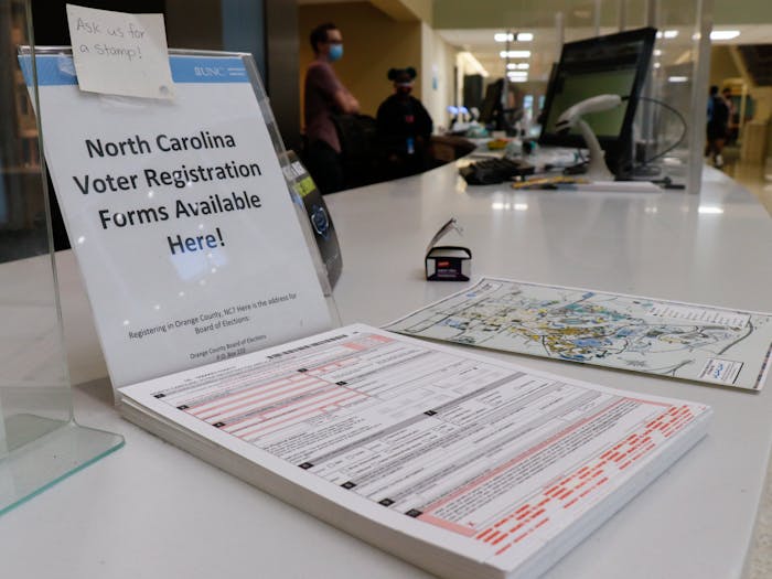 North Carolina voter registration forms are available to the public in Davis Library.