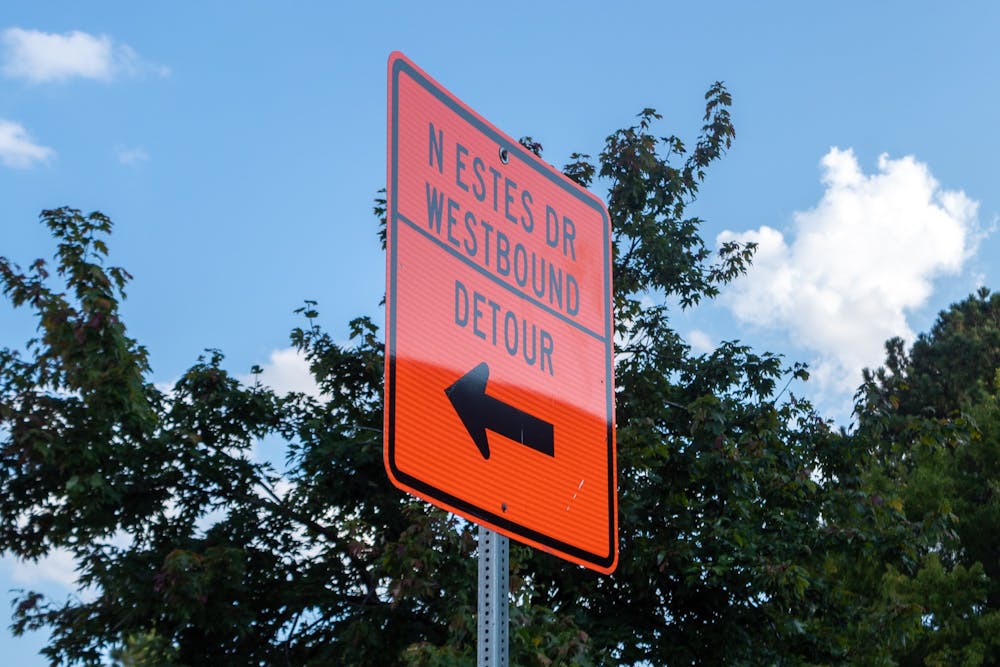A road sign indicating the detour route on W. Estes Drive, pictured on Tuesday, Sept. 20, 2022.