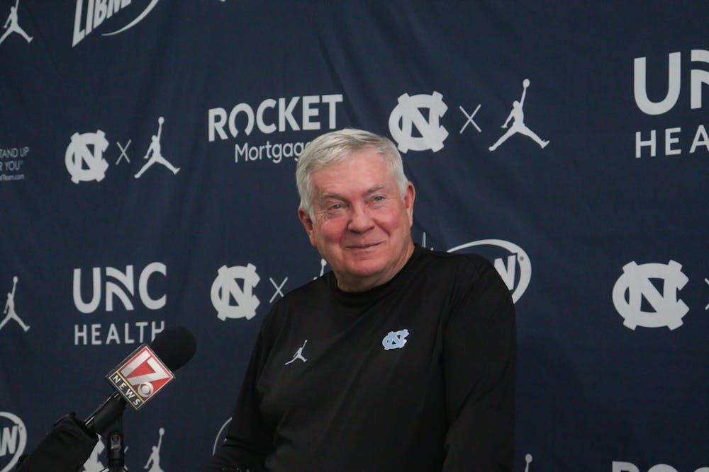 Head Coach of UNC Football, Mack Brown, speaks at a press conference at the Kenan Football Indoor Facility on Tuesday, Aug. 16, 2022.