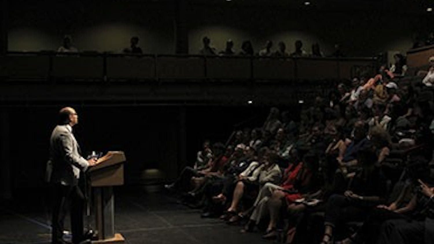 Kwame Anthony Appiah speaks to an audience about ethics in the humanities in Kenan Theater on Thursday evening. 