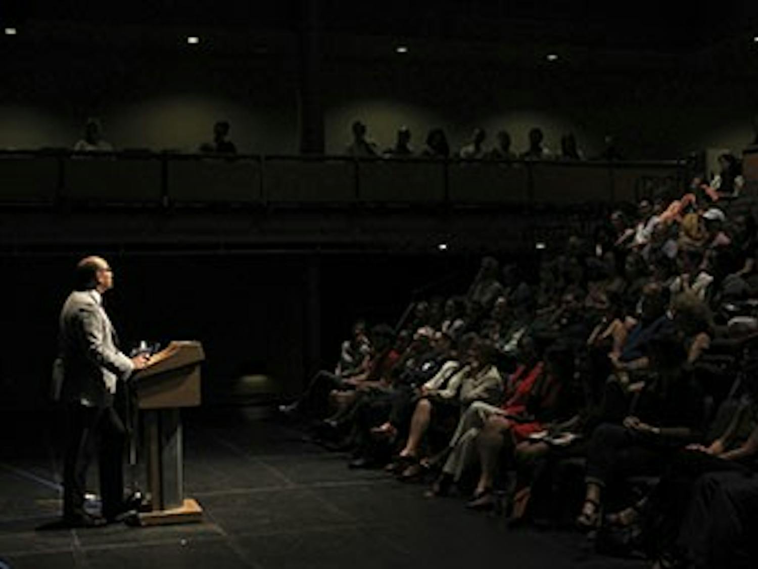 Kwame Anthony Appiah speaks to an audience about ethics in the humanities in Kenan Theater on Thursday evening. 