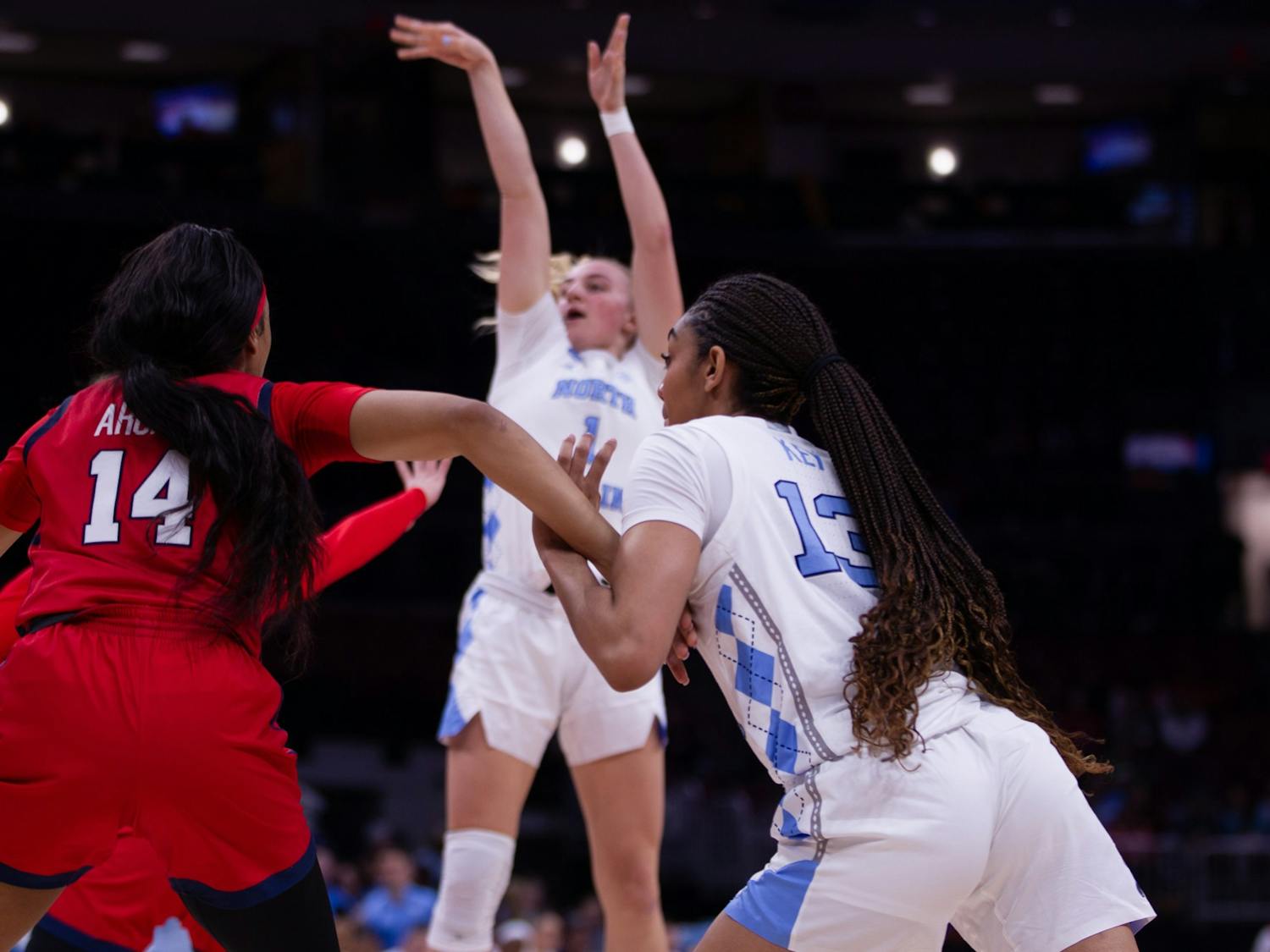 UNC redshirt first-year guard/forward Teonni Key (13) guarding an opponent during UNC’s NCAA Tournament first-round game against the St. John’s Red Storm in the Schottenstein Center in Columbus, Ohio on Saturday, March 18, 2023. The Tar Heels won 61-59.