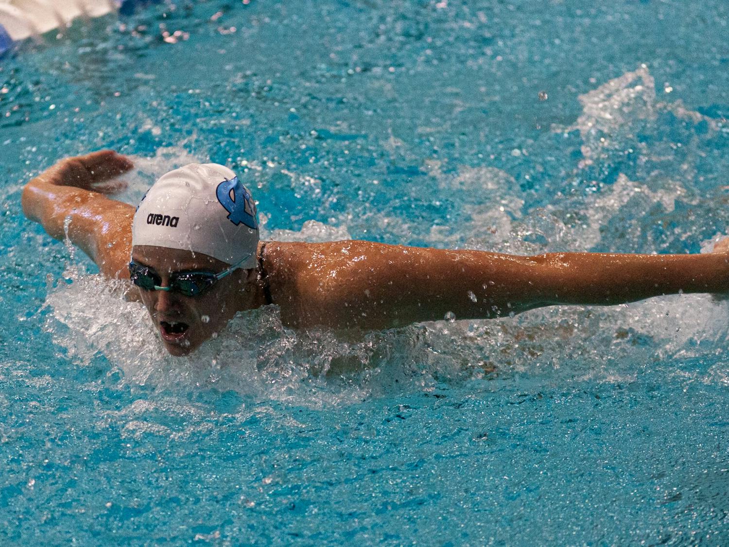 UNC first-year Michelle Morgan swims the butterfly during the UNC swim and dive meet against USC at Koury Natatorium on Saturday, Nov. 5, 2022.