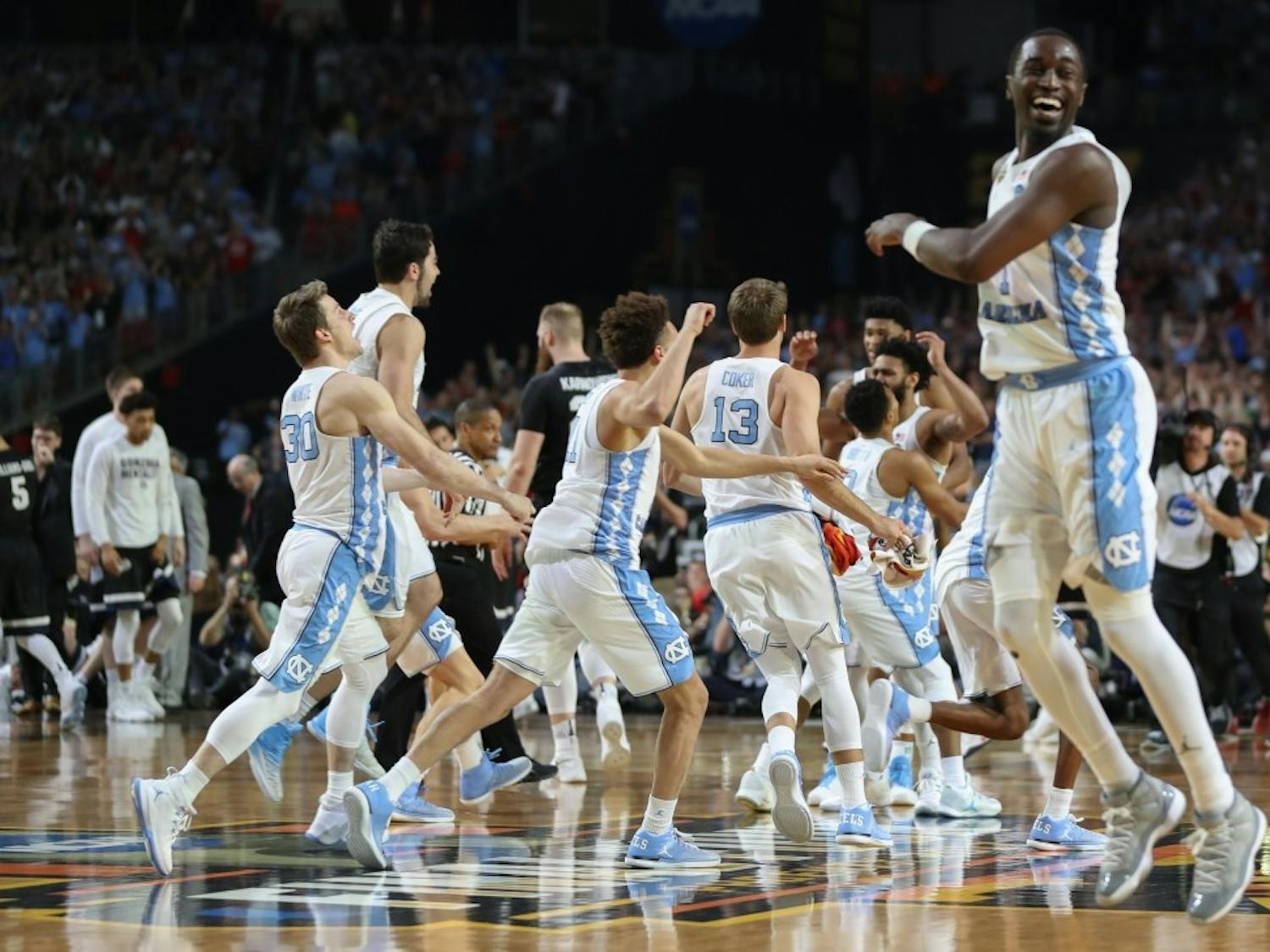 The North Carolina men's basketball team celebrates after defeating Gonzaga, 71-65, in the national championship game in April in Glendale, Ariz.