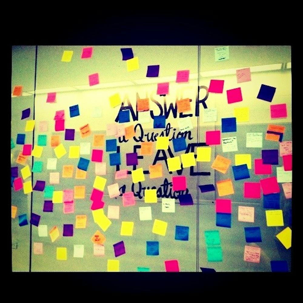 	<p>The wall of sticky notes in Hanes Art Center.</p>