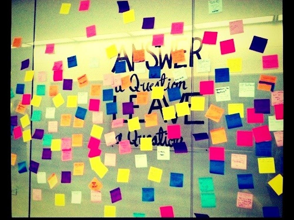 	The wall of sticky notes in Hanes Art Center.