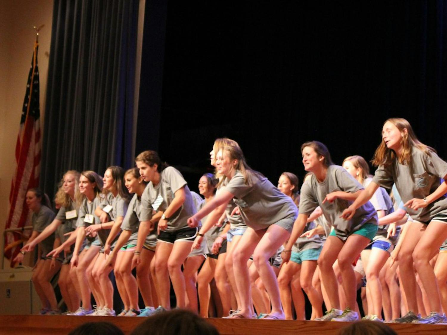 	The Panhellenic Council kicked off the fall sorority recruitment process in the Union on Monday at 8 pm. Recruitment councelors are seen performing a dance at the event. 