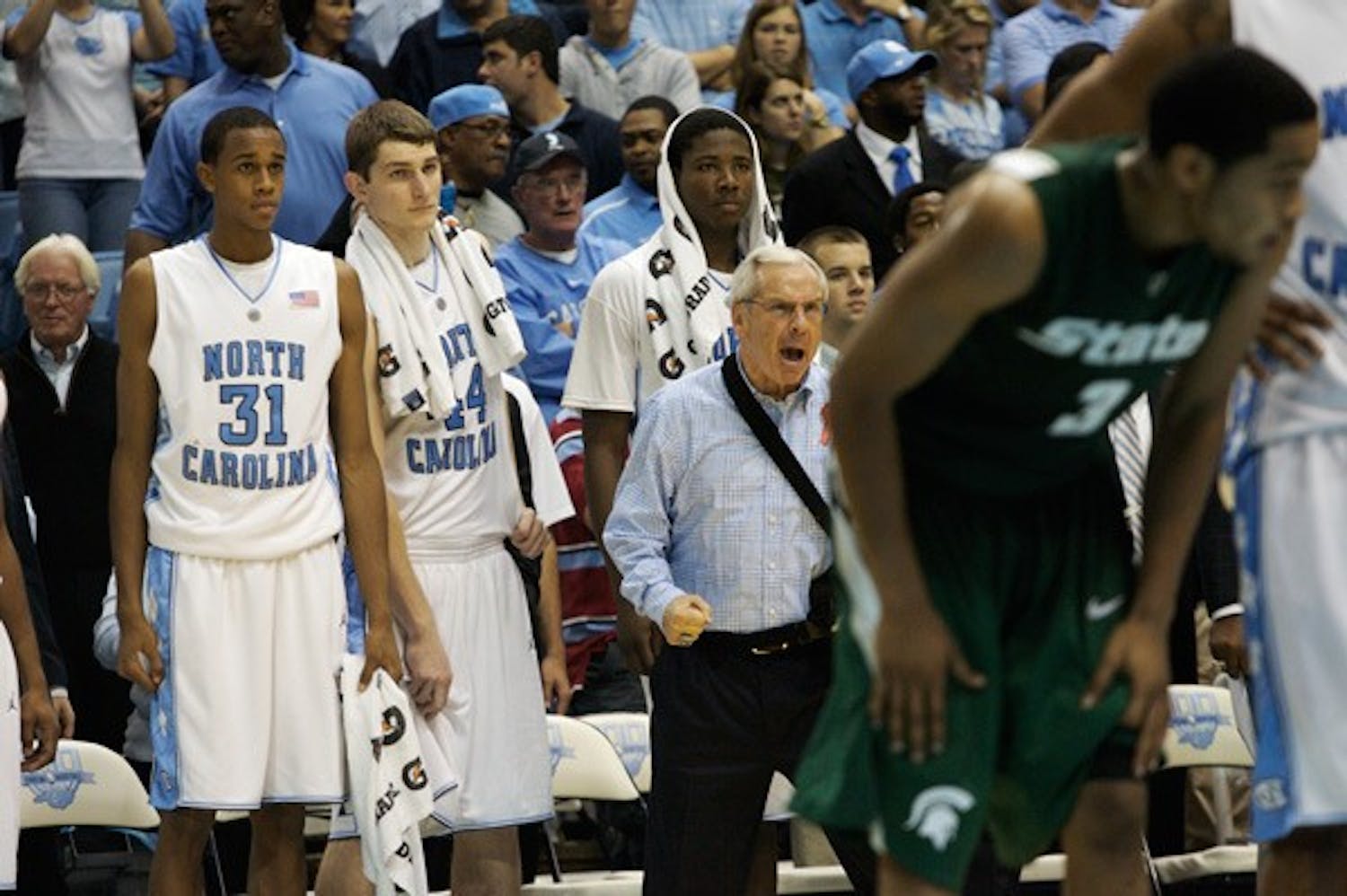 Coach Roy Williams threw a variety of lineups at Michigan State, including one with four freshmen. DTH/Andrew Dye
