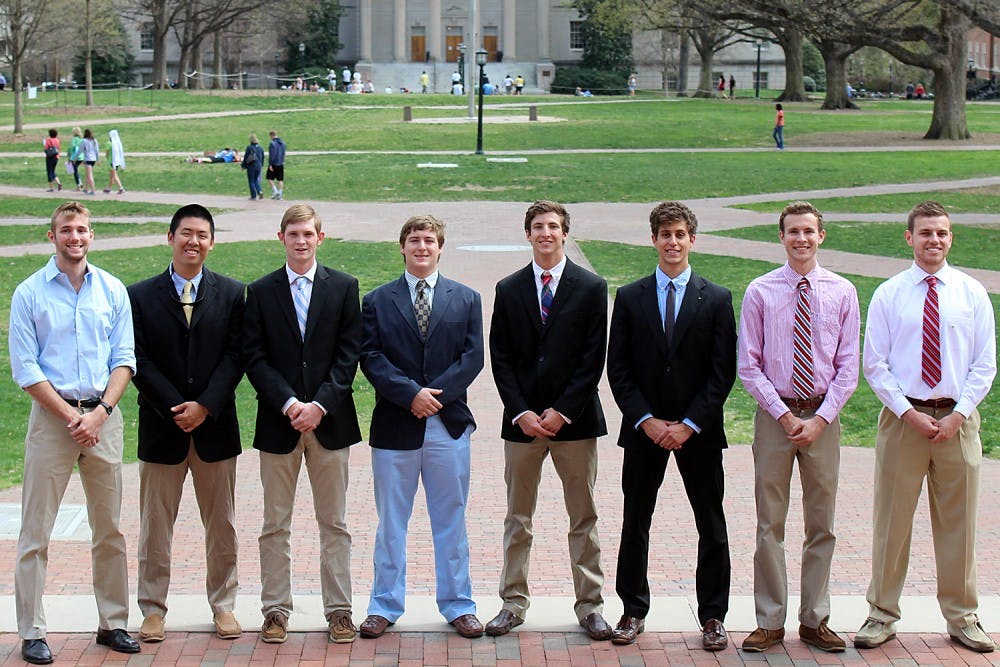 Jimmy Wyngaarden, Phillip Chu, Ellis Dyson, Corey Cobb, Connor DeHaven, Jake Fatheree, Colin McDowell and Will Mueller (from left) are members of the prudential board of Alpha Sigma Phi Fraternity. 