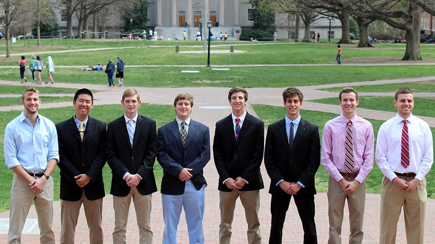 Jimmy Wyngaarden, Phillip Chu, Ellis Dyson, Corey Cobb, Connor DeHaven, Jake Fatheree, Colin McDowell and Will Mueller (from left) are members of the prudential board of Alpha Sigma Phi Fraternity. 