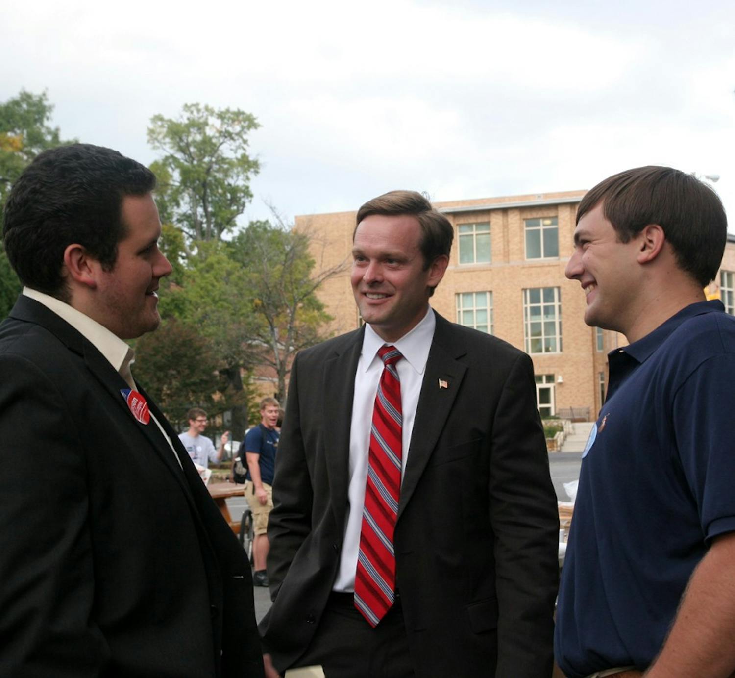 College Republicans President Anthony Dent (right) speaks with B.J. Lawson, who is running for U.S. Rep.
David Price’s seat, at Rock the Vote in Frat Court. Both College Republicans and Young Democrats gathered.