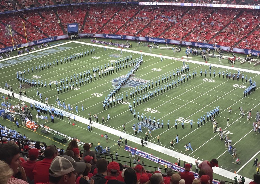 The UNC marching band, The Marching Tar Heels, performs at the Chick-fil-A kickoff game against Georgia in Atlanta on Sep. 3.&nbsp;Photo Courtesy of&nbsp;Kristie&nbsp;Thompson.