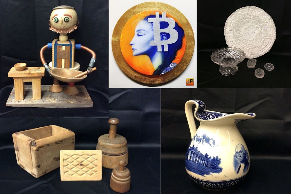 <p>A gold plate to accompany the pitcher and other blue and white ceramics done by Jermaine "JP" Powell, carved wood and butter molds by Ann Brownlee Hobgood, and a mosaic by Carlos Gonzalez Garcia are several pieces on display at the "What's Your Flavor" exhibit, which will be unveiled on Friday, Feb. 4, 2022, at the Orange County Historical Museum. Photos courtesy of Orange County Historical Museum/Courtney Smith.&nbsp;</p>