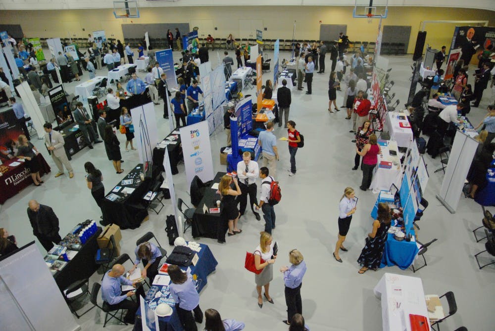 University Career Services hosts the first of its two career fairs for the year in Rams Head Recreation Center on Thursday. More than 90 businesses came to campus to try to attract students to a wide range of jobs.