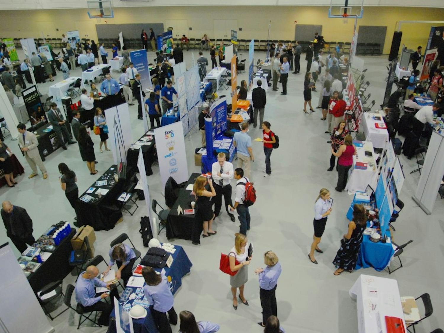 University Career Services hosts the first of its two career fairs for the year in Rams Head Recreation Center on Thursday. More than 90 businesses came to campus to try to attract students to a wide range of jobs.