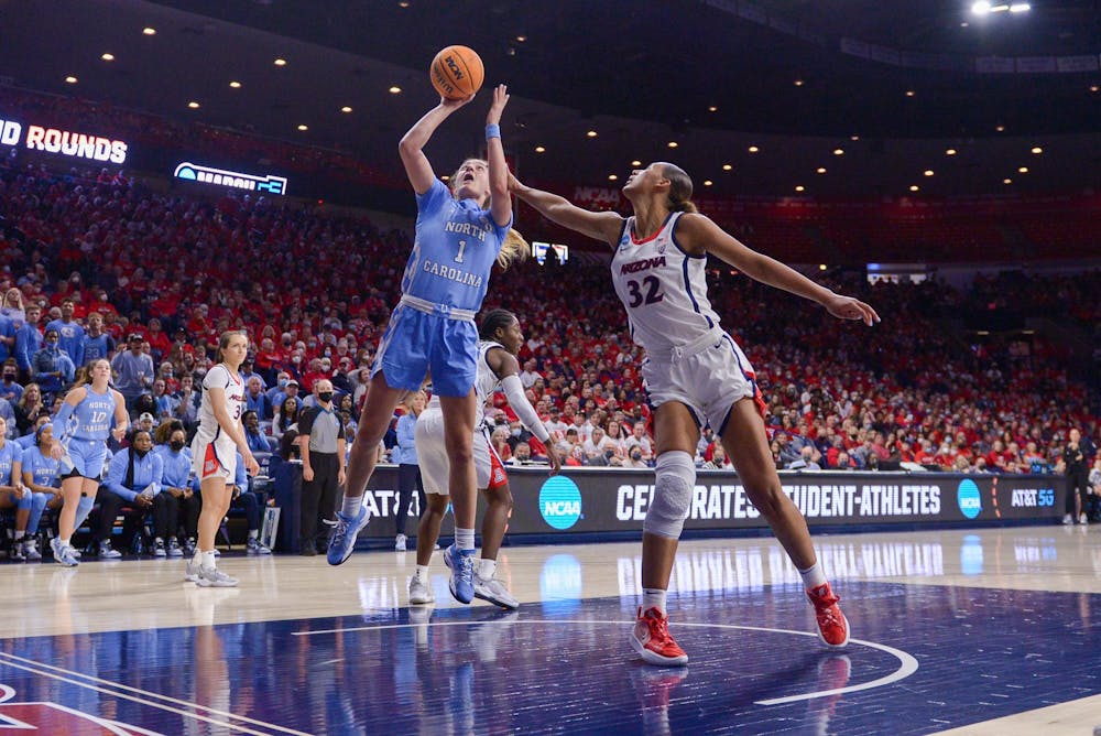 UNC sophomore guard Alyssa Utsby (1) drives for a layup during the second round of the NCAA Tournament against the University of Arizona in Tucson, Arizona, on Saturday, March 21, 2022. Carolina won 63-45 to advance to the Sweet Sixteen.