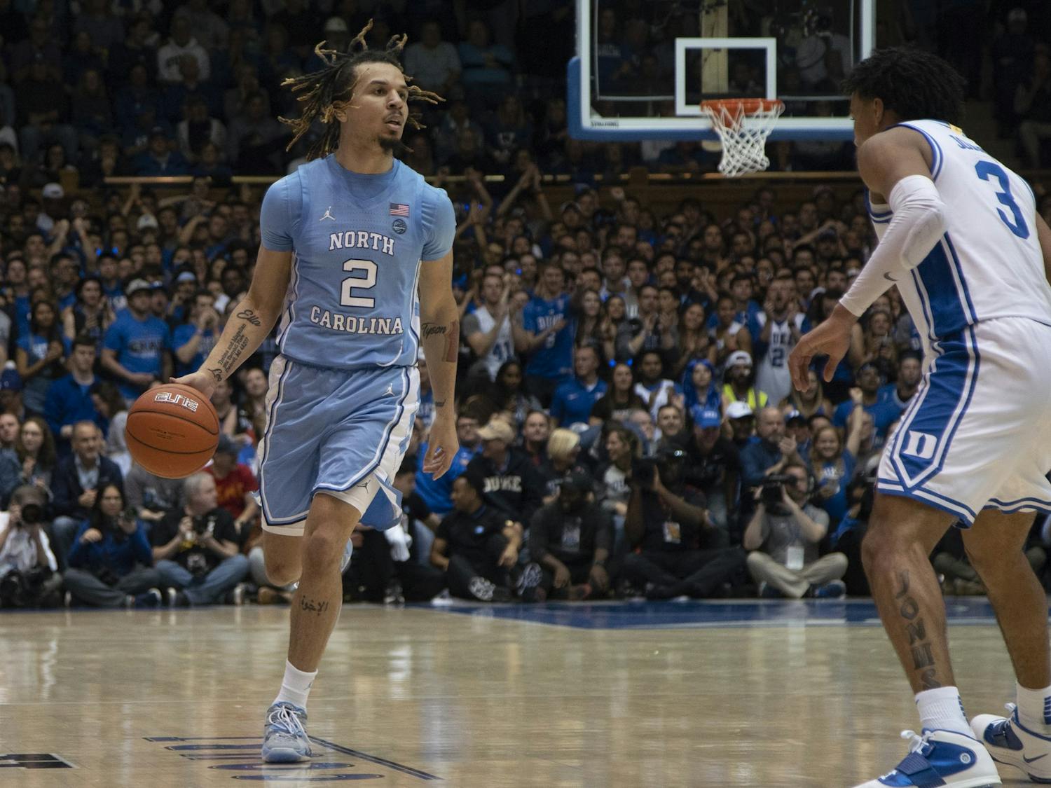 UNC first-year guard Cole Anthony (2) dribbles upcourt in the game against Duke in Cameron Indoor Stadium on Saturday, March 7, 2020. UNC lost to Duke 89-76.