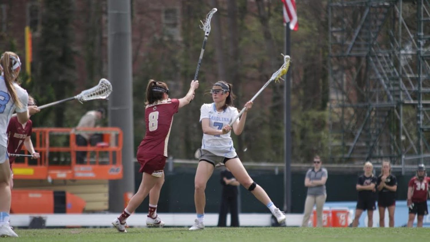 Junior Midfielder Ela Hazar carries the ball up the field in the game against Boston College on Saturday.&nbsp;