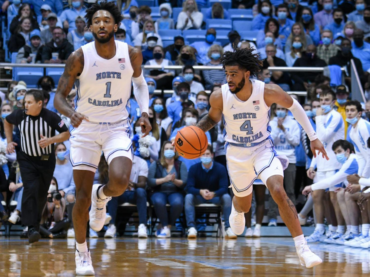 Sophomore guard RJ Davis (4) runs with the ball in the game against Appalachian State in the Dean E. Smith Center on Dec 21, 2021. UNC won 70-50.