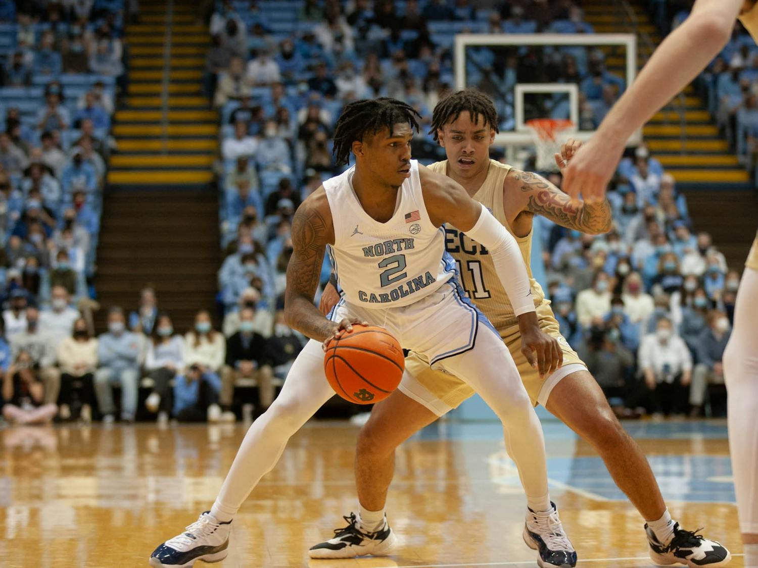 Sophomore Caleb Love (2) dribbles the ball at the game against Georgia Tech at the Dean Smith Center in Chapel Hill on Saturday, Jan. 15, 2022. UNC won 88-65.