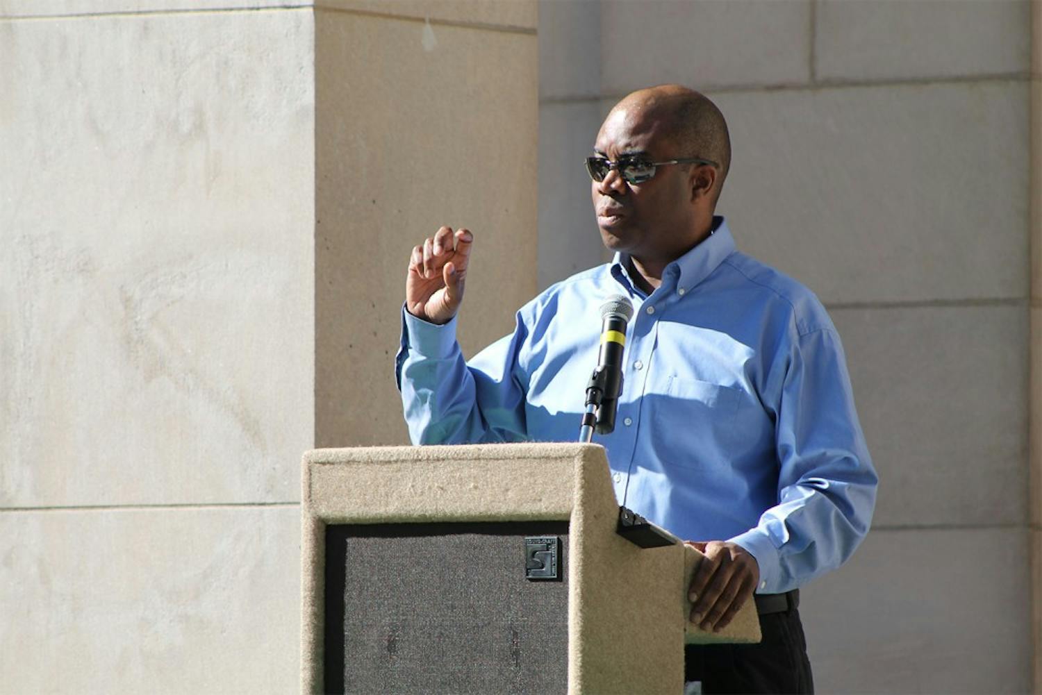 William Thorpe, son of Bill Thorpe spoke at the Celebration of Our Peace and Justice Legacy in front of the Post Office-Courthouse on Oct. 11, 2015.