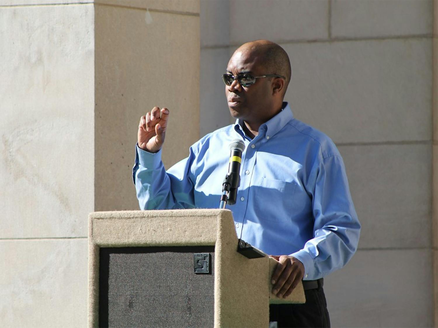 William Thorpe, son of Bill Thorpe spoke at the Celebration of Our Peace and Justice Legacy in front of the Post Office-Courthouse on Oct. 11, 2015.