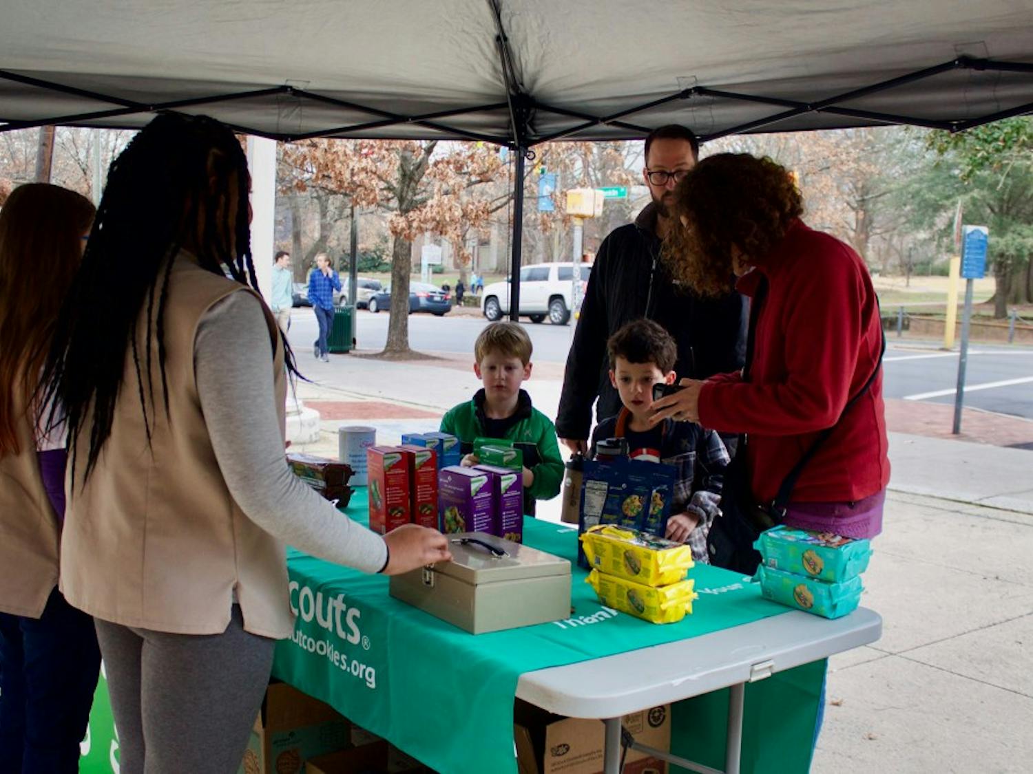 Girl Scouts selling cookies in front of the United States Post Office on Franklin Street on Saturday, Jan. 19, 2019. They said this location is a great spot that many Girl Scouts prefer to sell cookies at since they are able to make a lot more sells.