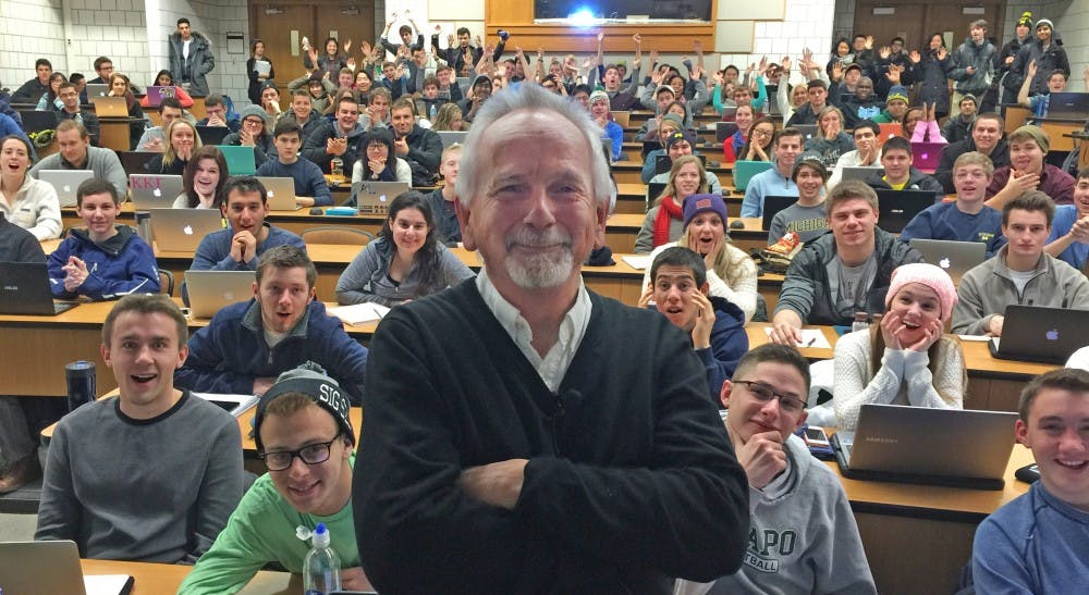 <p>Perry Samson, a professor of atmospheric sciences at the University of Michigan and the founder of LectureTools, now known as Echo360, stands in front of one of his lecture classes. Photo courtesy of Perry Samson.</p>