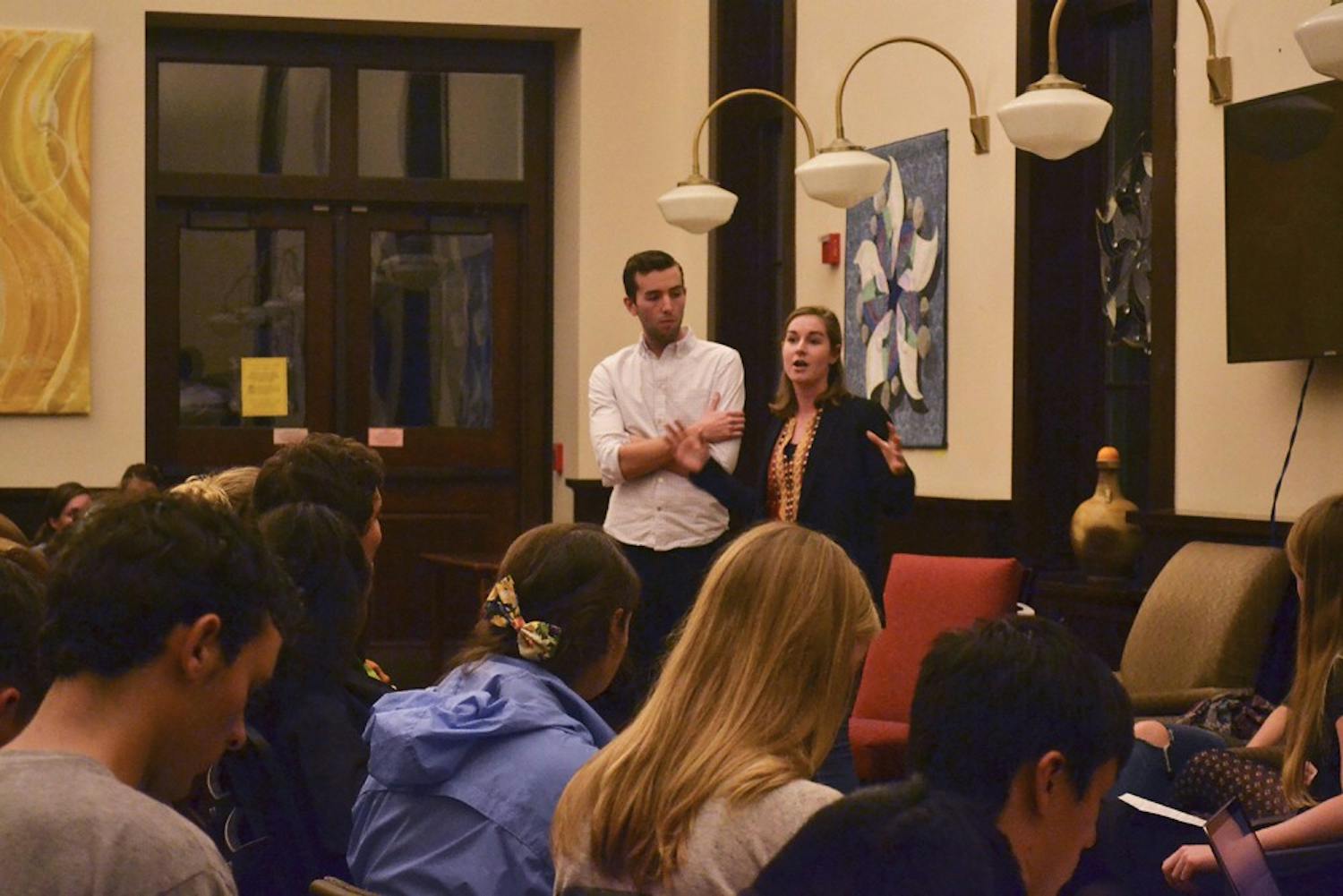 Noah Ponton (left) and Monique Laborde, Campus Y co-president candidates, participate in a forum on Wednesday night.