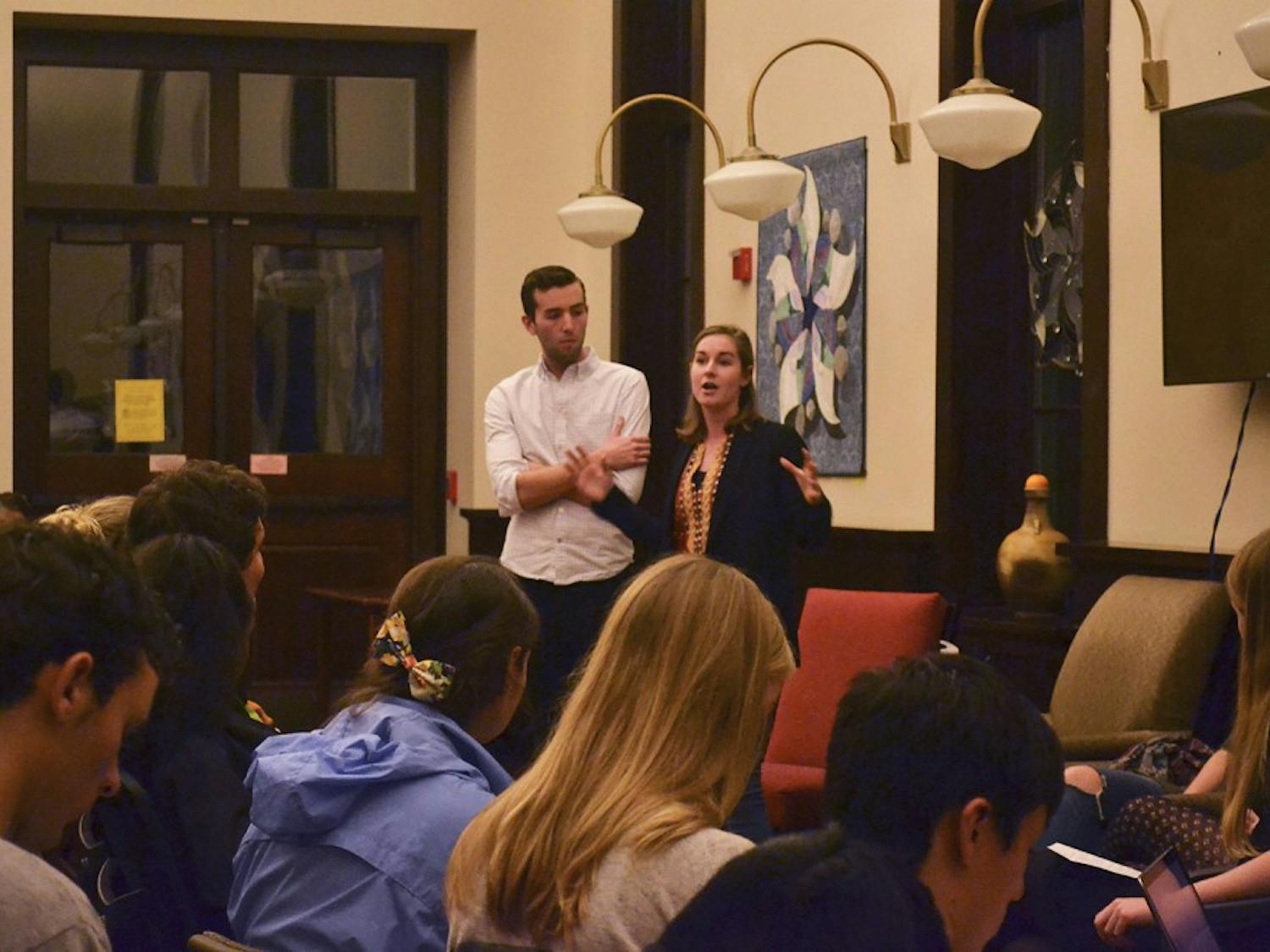 Noah Ponton (left) and Monique Laborde, Campus Y co-president candidates, participate in a forum on Wednesday night.