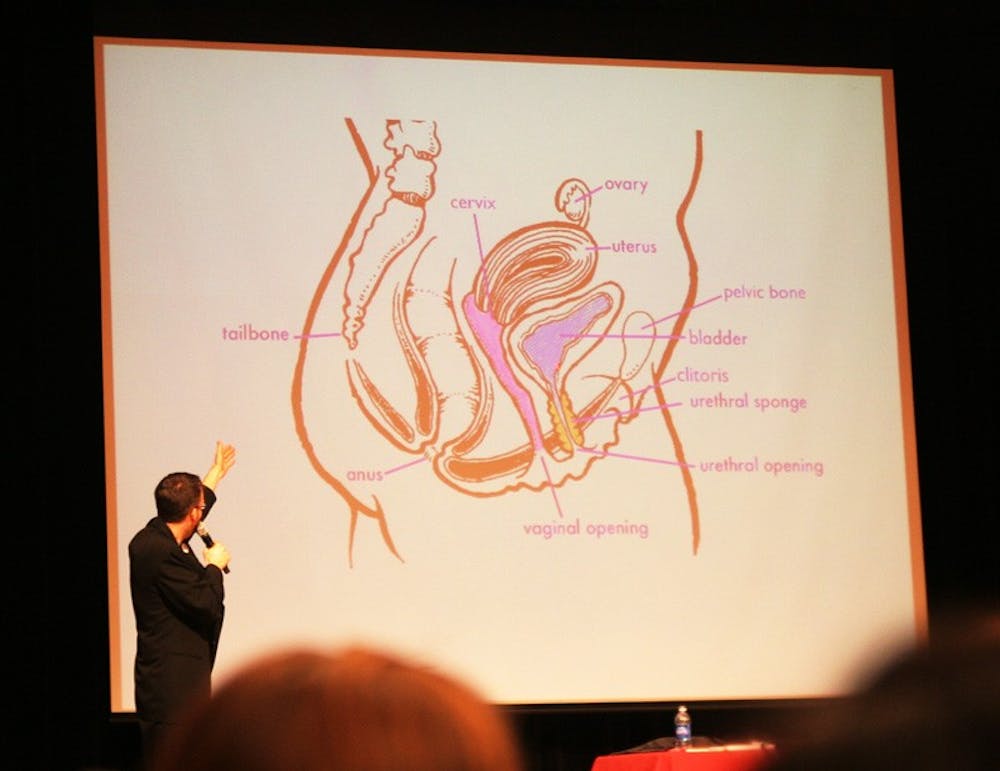	Sex educator Marshall Miller discusses the mechanics of a female orgasm at the 2010 “I Love Female Orgasm” lecture in the Great Hall.