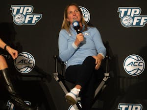 Women's basketball head coach Courtney Banghart speaks at the ACC Tipoff in Charlotte, NC, on Oct. 13.