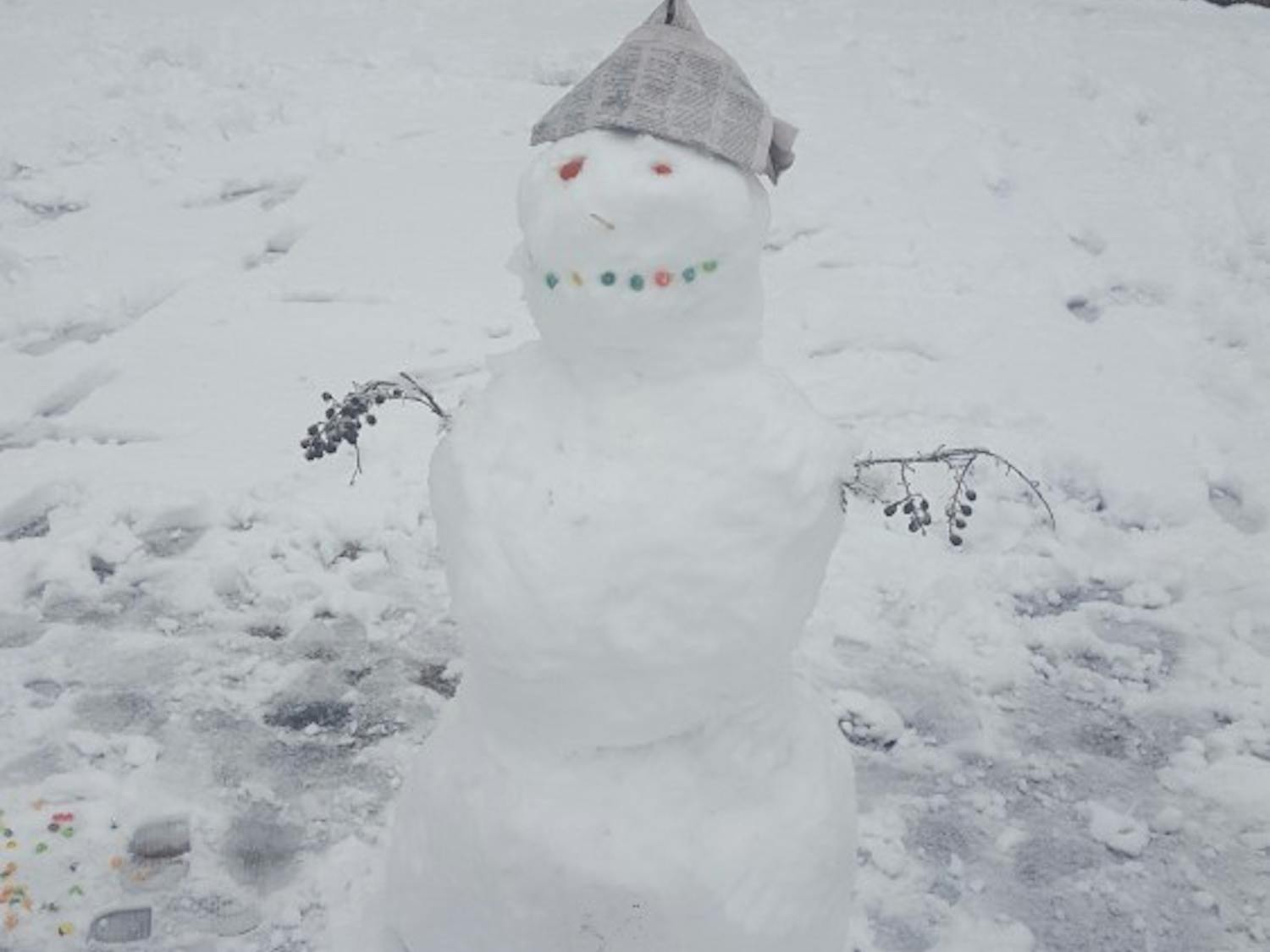 Sue, a snowman made by DTH Managing Editor Jessica Swanson