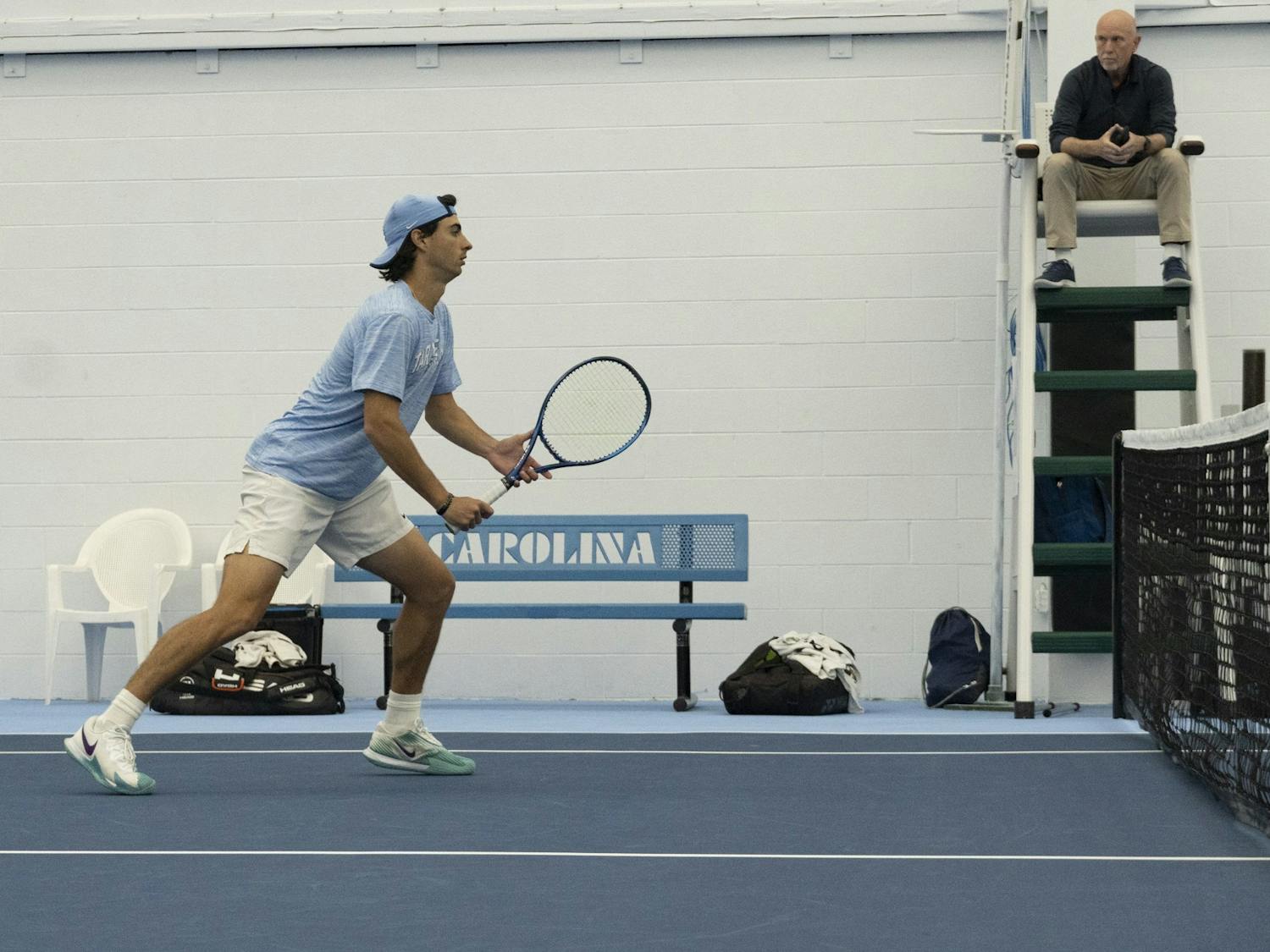 UNC junior tennis player Logan Zapp waits for the serve during the home matchup against Duke at Cone-Kenfield Tennis Center on Saturday, April 8, 2023. UNC fell to Duke 5-2.