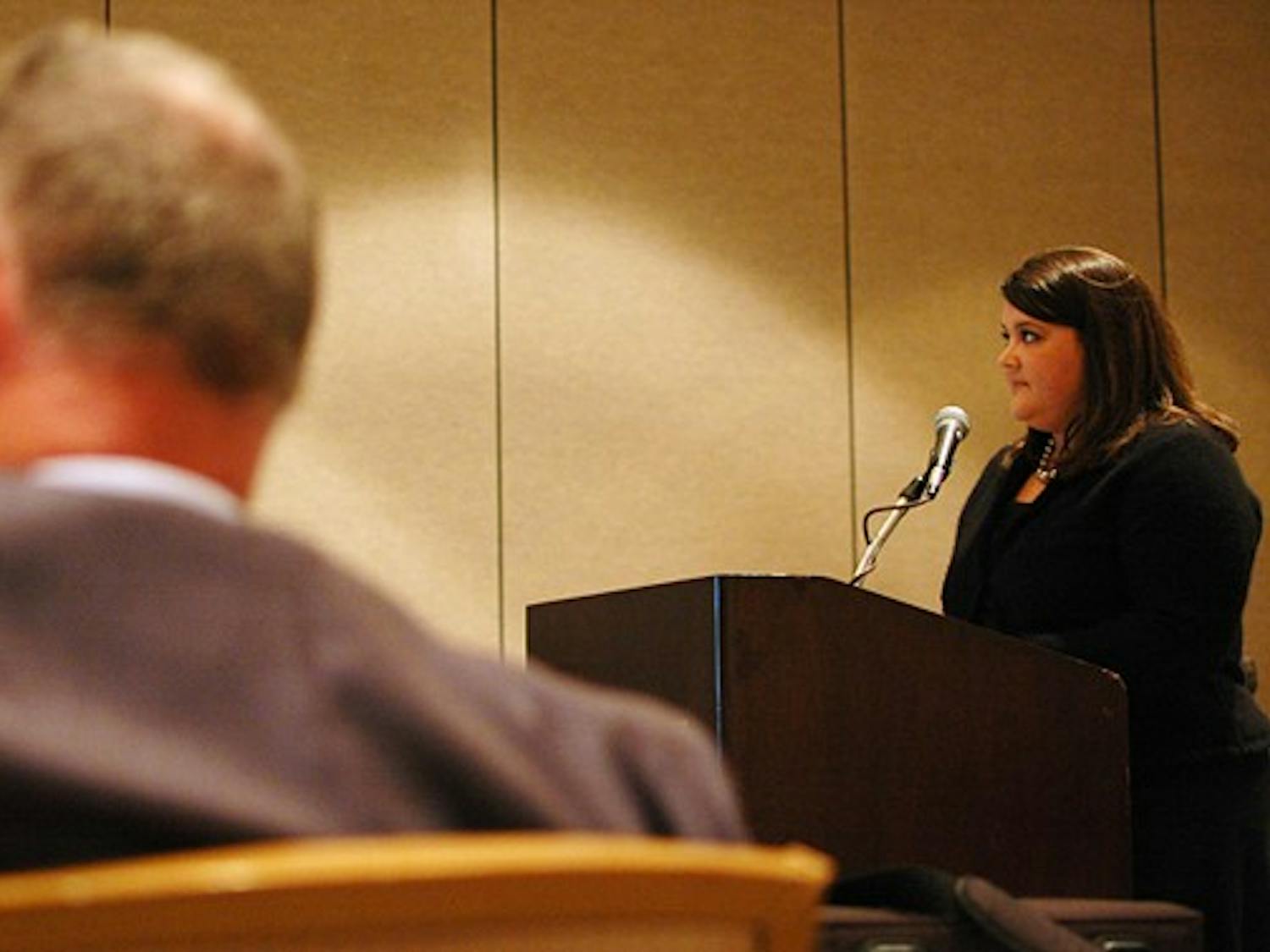 Jenny Levering speaks to the university affairs committee at Wednesday’s Board of Trustees meeting. DTH/ Ben Pierce