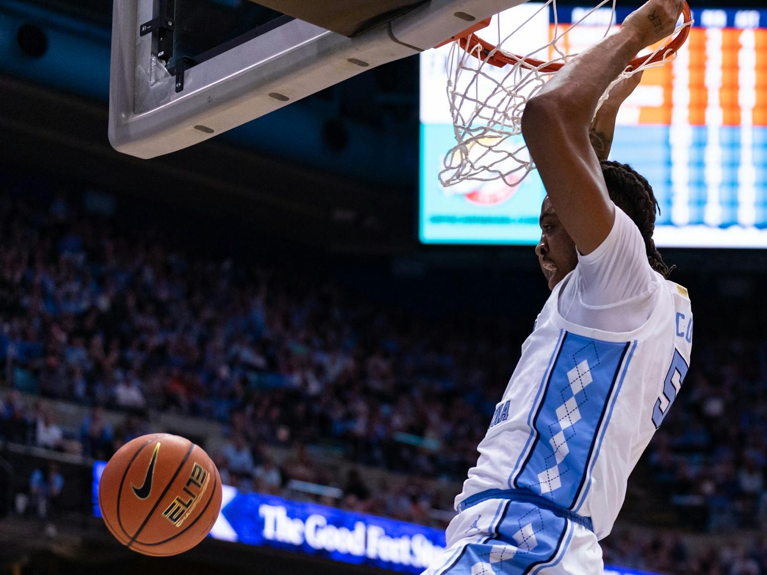 UNC senior center Armando Bacot (5) dunks the ball during the men’s basketball game against Clemson on Saturday, Feb. 11, 2023, at the Dean E. Smith Center. UNC beat Clemson 91-71.