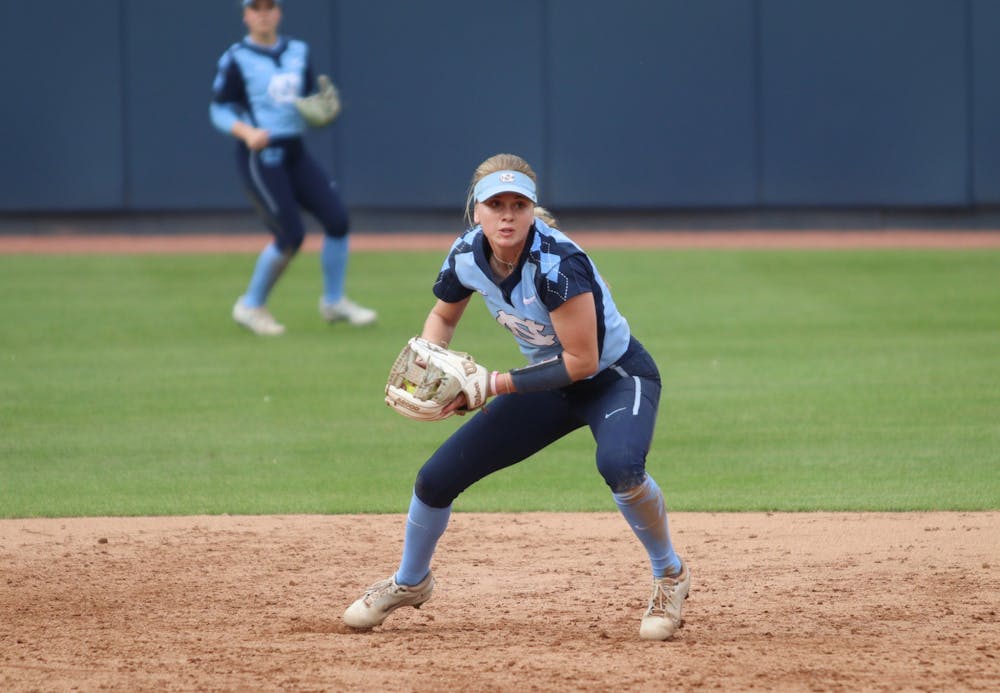 <p>Shortstop Alex Brown (5) looks to throw the ball to first base in a home game against Appalachian State on Wednesday, March 30, 2022. UNC won 8-4.</p>