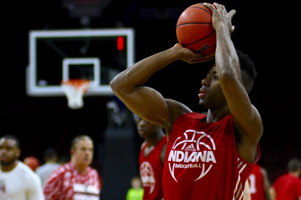 Thomas Bryant shoots a basket during practice.