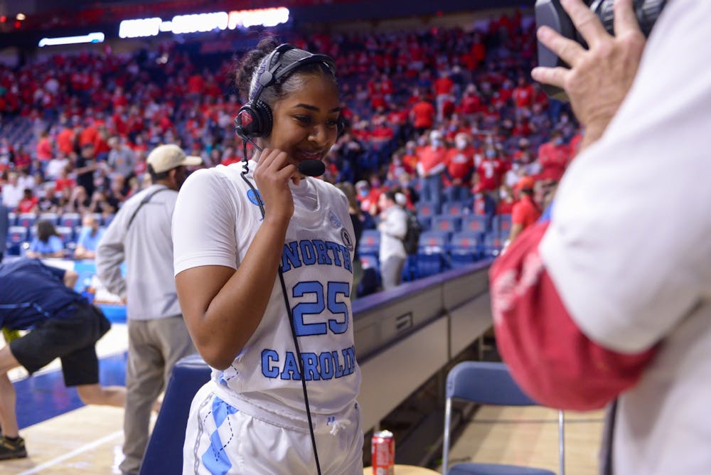 UNC sophomore guard Deja Kelly (25) speaks in an interview after a women's basketball game against Stephen F. Austin in Tucson, Arizona, on Saturday, March 19, 2022.