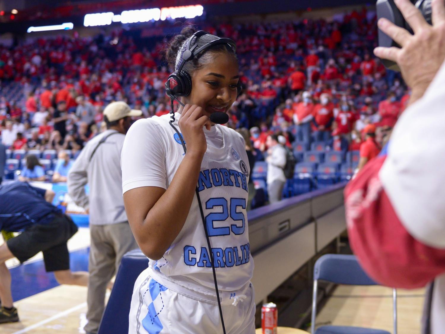 UNC sophomore guard Deja Kelly (25) speaks in an interview after a women's basketball game against Stephen F. Austin in Tucson, Arizona, on Saturday, March 19, 2022.