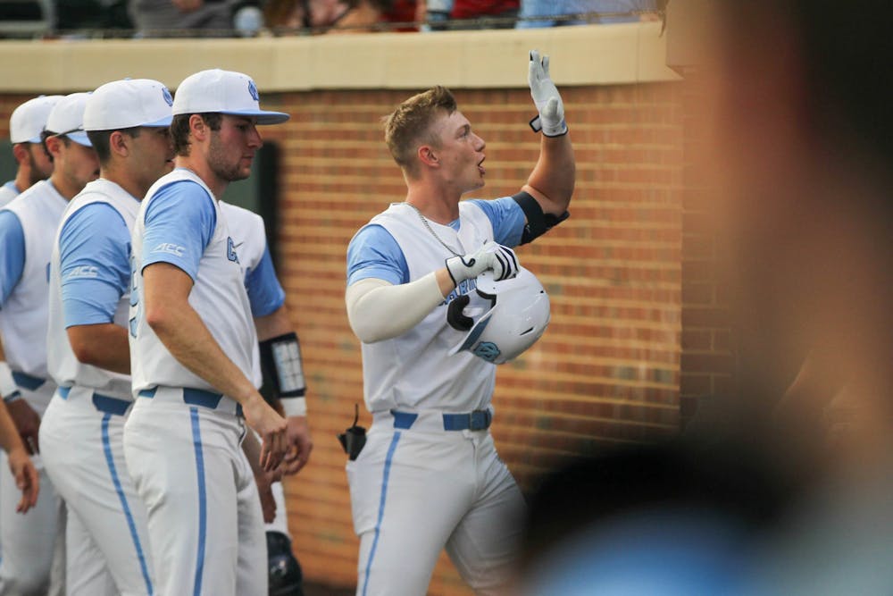 UNC sophomore infielder Mac Horvath (10) celebrates his first homerun of the day during the baseball game against Charlotte on Tues. May 3, 2022 at Boshamer Stadium. UNC beat Charlotte 4-3.
