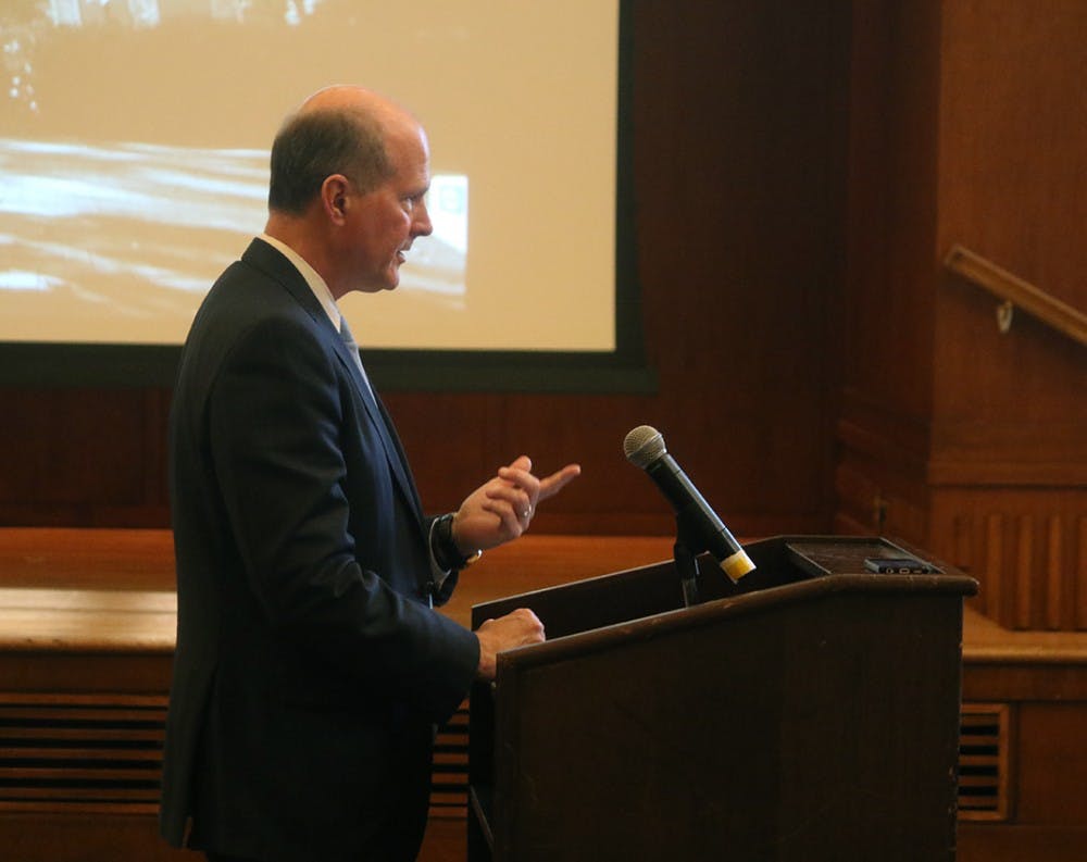 <p>Provost Jim Dean addresses the Board of Trustees regarding the James B. Hunt Institute on Wednesday.</p>