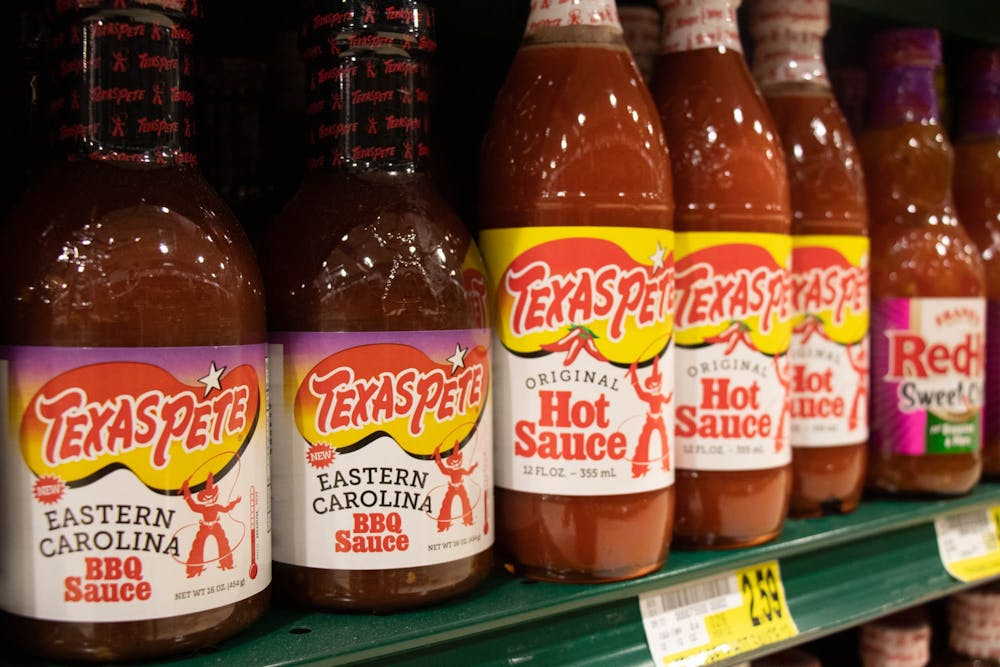 <p>Texas Pete hot sauce is pictured on grocery store shelves on Thursday, Oct. 13, 2022.</p>
